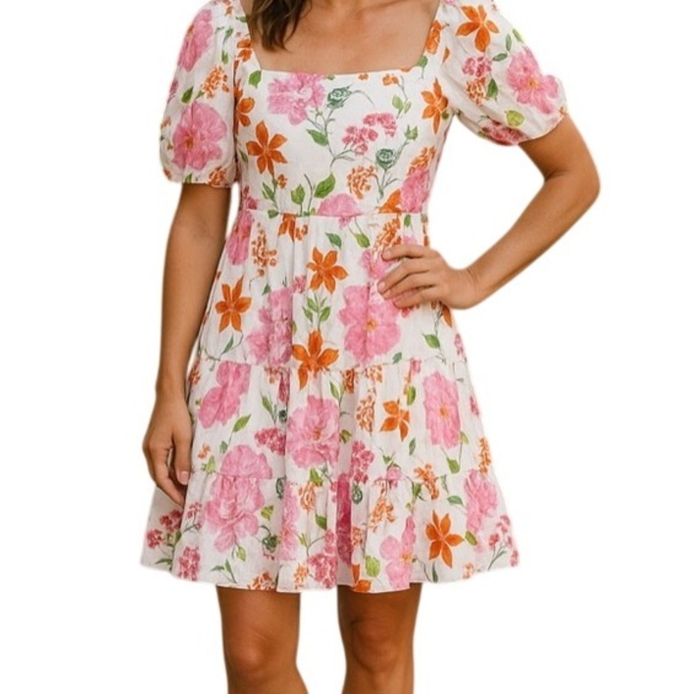 The Golden Globe Clothing Floral Square Neck Puff Sleeve Mini Dress Cotton M‎